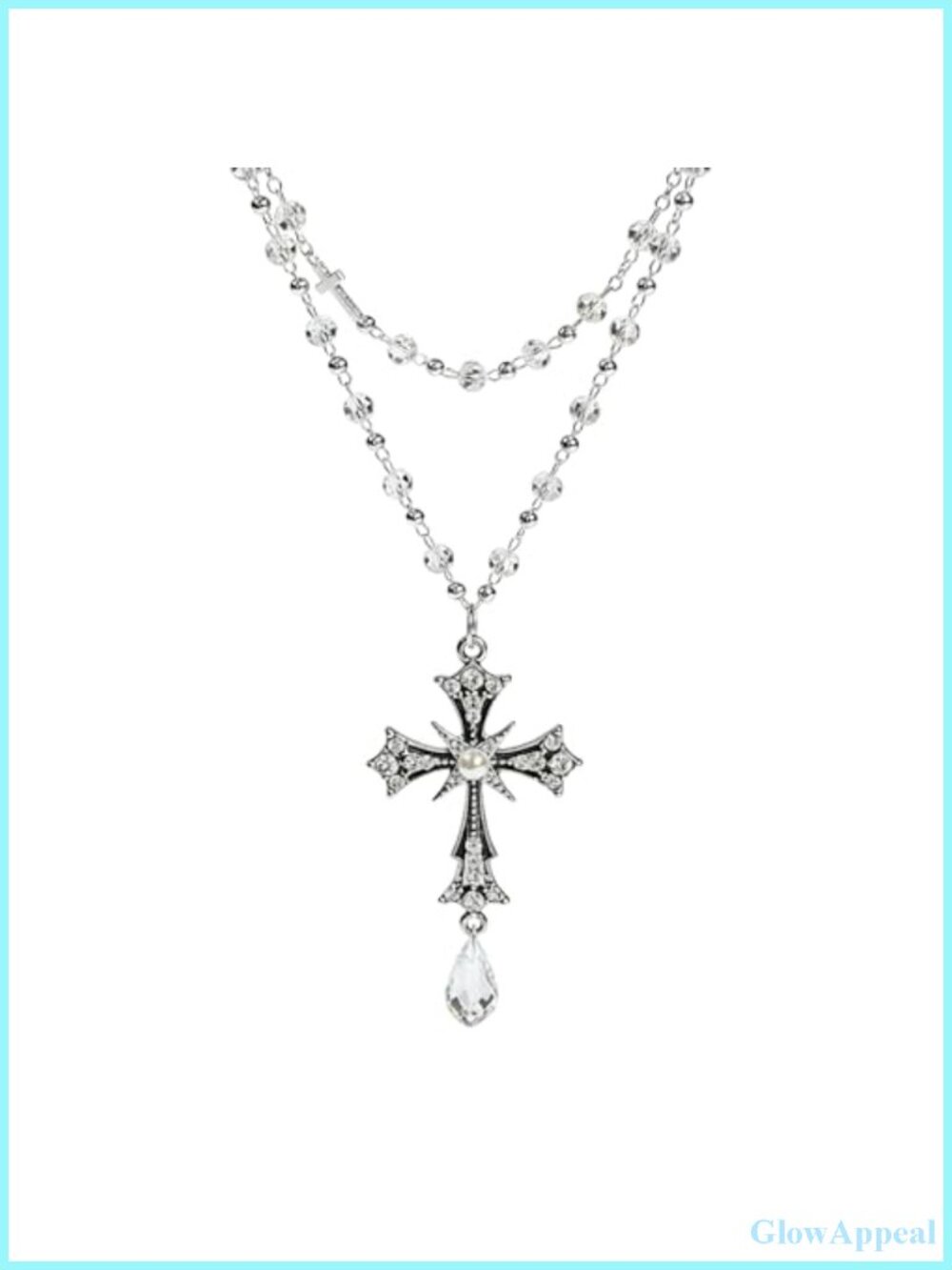 Layered Rhinestone Cross Necklace Gothic Rosary Style Pendant Women